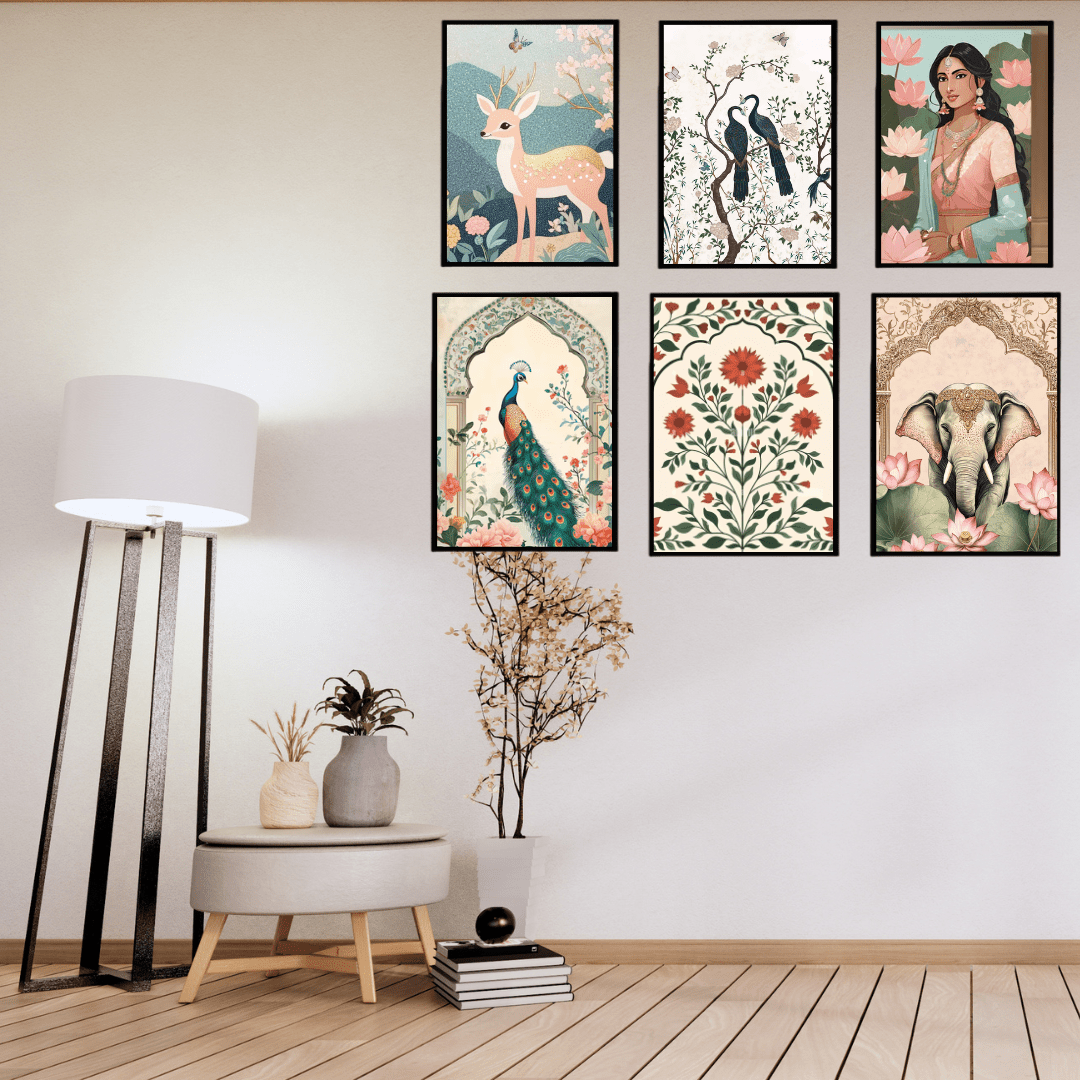 Set- 6 Royal Nature & Ethnic Wall Art | Deer, Peacock, Elephant & Floral Paintings - Memories InsiteNATURE & ETHNIC DESIGN FRAME-BLACK